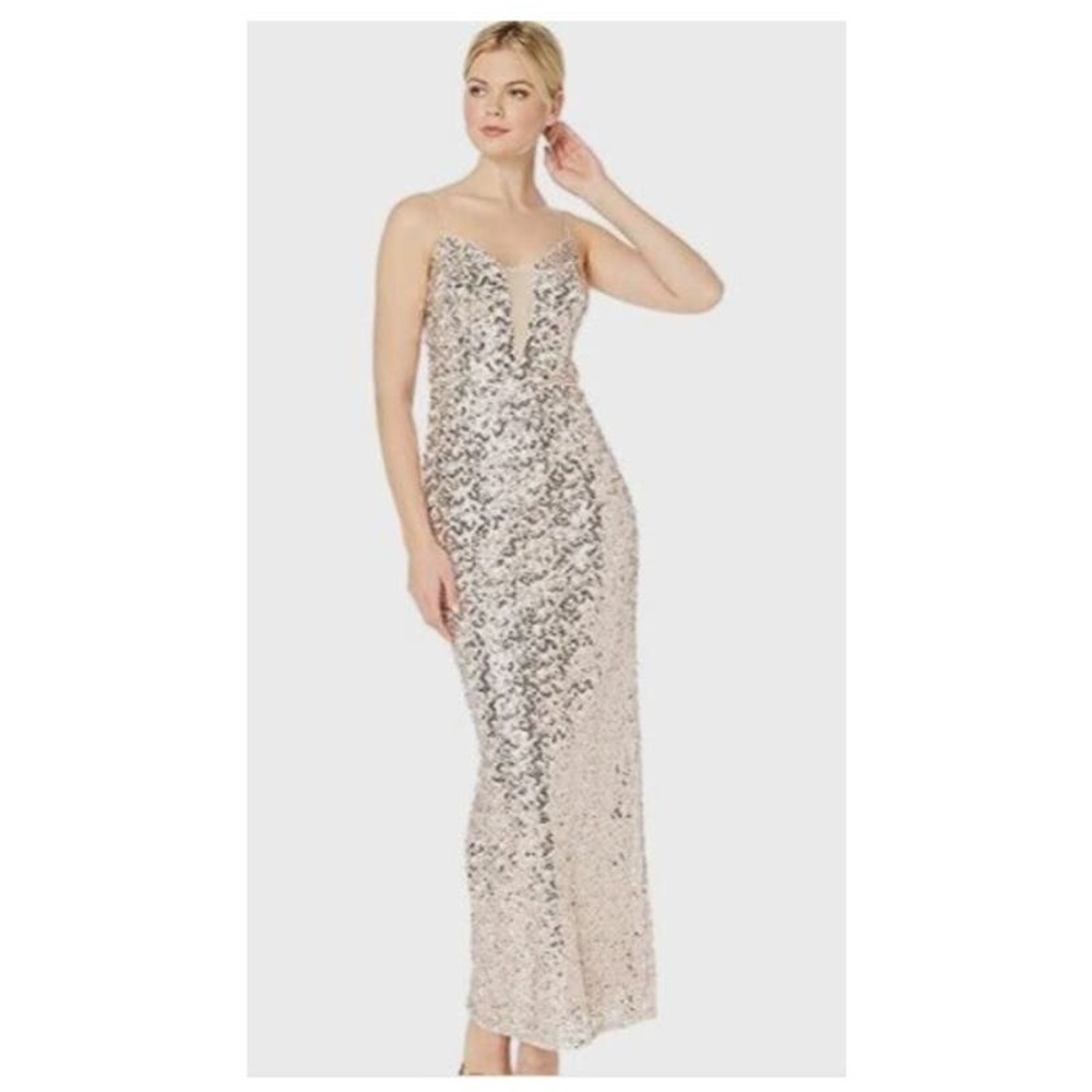 NWT Adrianna Papell Women's Rose Gold Sequin Column‎ Evening Gown Size 2